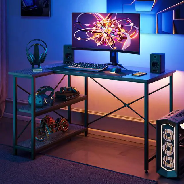 Alt view image 2 of 7 - Bestier Small L Shaped Gaming Desk with Shelves 47 Inch Reversible Corner Computer Desk Writing Storage Table for Home Office Small Space, Carbon Fiber