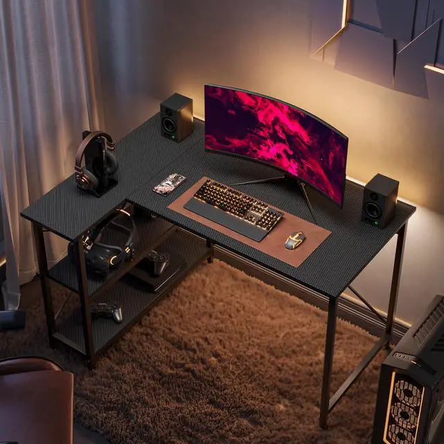 Alt view image 3 of 7 - Bestier Small L Shaped Gaming Desk with Shelves 47 Inch Reversible Corner Computer Desk Writing Storage Table for Home Office Small Space, Carbon Fiber