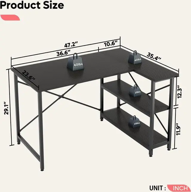 Alt view image 7 of 7 - Bestier Small L Shaped Gaming Desk with Shelves 47 Inch Reversible Corner Computer Desk Writing Storage Table for Home Office Small Space, Carbon Fiber