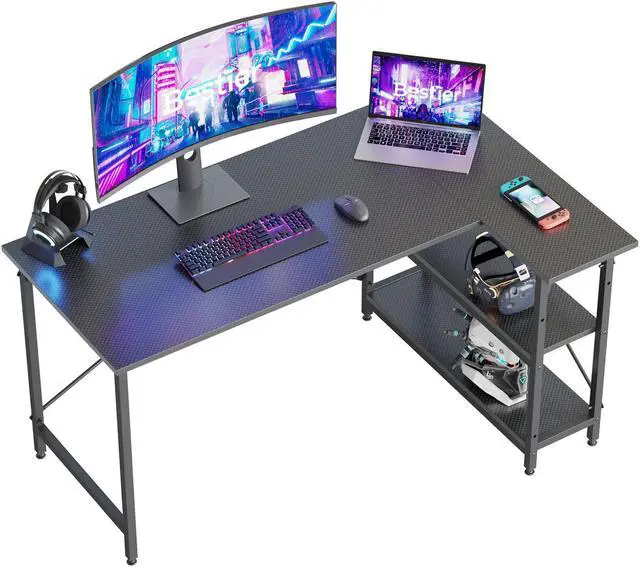 Main image of Bestier L Shaped Desk with Storage Shelves 55 Inch Corner Computer Desk Writing Study Table Workstation for Home Office, Carbon Fiber
