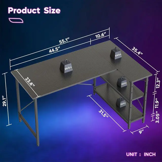 Alt view image 7 of 7 - Bestier L Shaped Desk with Storage Shelves 55 Inch Corner Computer Desk Writing Study Table Workstation for Home Office, Carbon Fiber
