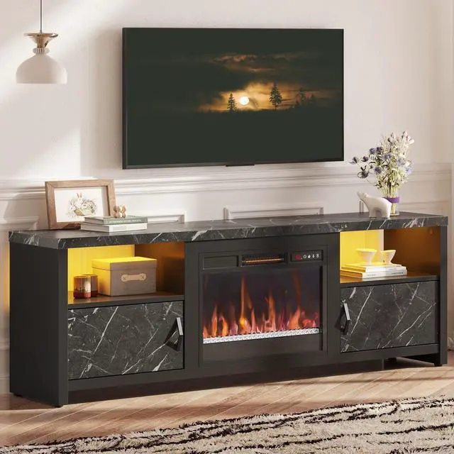 Main image of Bestier Electric Fireplace TV Stand for TVs up to 80", Entertainment Center with LED Lights, Black Marble