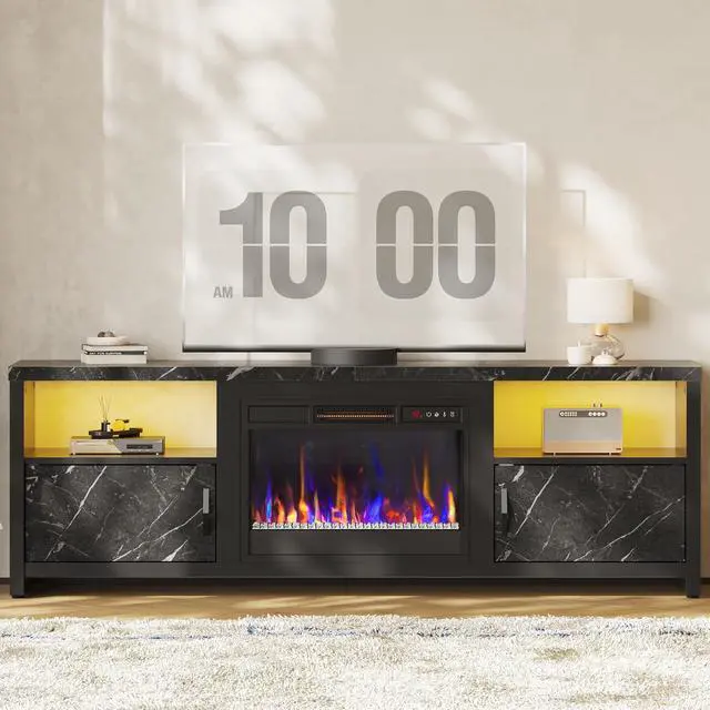 Alt view image 2 of 7 - Bestier Electric Fireplace TV Stand for TVs up to 80", Entertainment Center with LED Lights, Black Marble