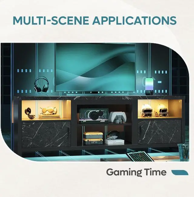 Alt view image 5 of 7 - Bestier Electric Fireplace TV Stand for TVs up to 80", Entertainment Center with LED Lights, Black Marble