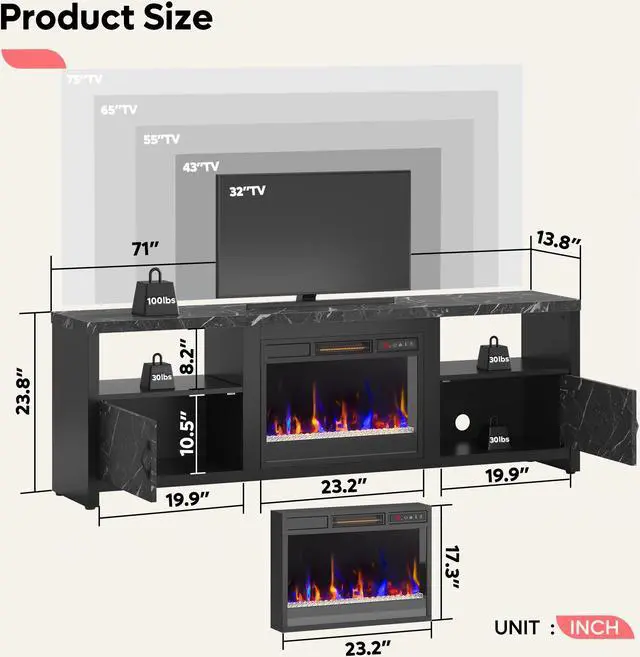 Alt view image 7 of 7 - Bestier Electric Fireplace TV Stand for TVs up to 80", Entertainment Center with LED Lights, Black Marble