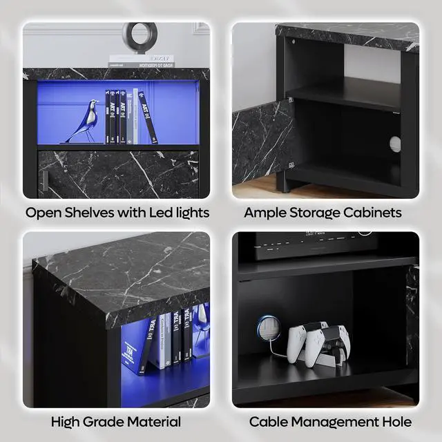 Alt view image 4 of 7 - Bestier Electric Fireplace TV Stand for TVs up to 80", Entertainment Center with LED Lights, Black Marble