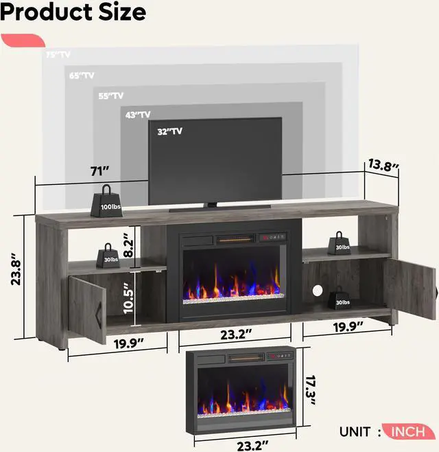 Alt view image 7 of 7 - Bestier Electric Fireplace TV Stand for TVs up to 80", Entertainment Center with LED Lights, Wash Grey