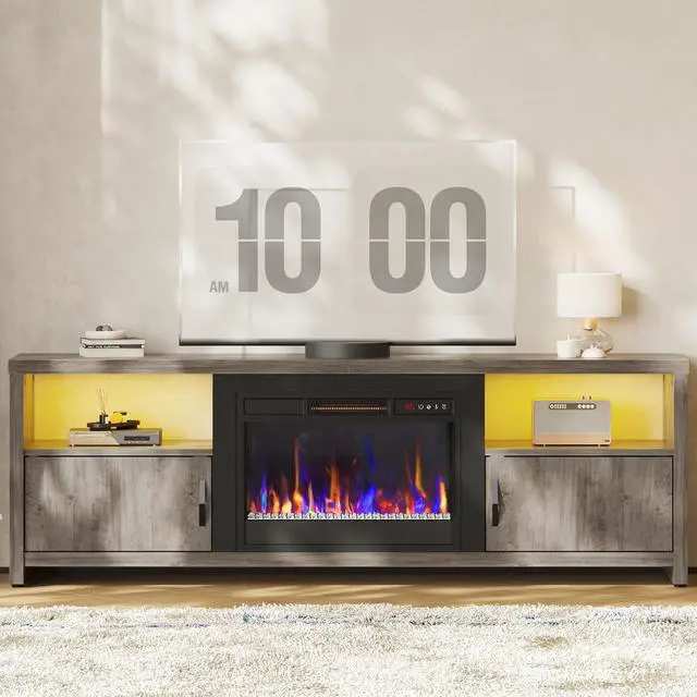 Alt view image 4 of 7 - Bestier Electric Fireplace TV Stand for TVs up to 80", Entertainment Center with LED Lights, Wash Grey