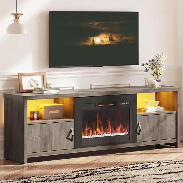 Alt view image 5 of 7 - Bestier Electric Fireplace TV Stand for TVs up to 80", Entertainment Center with LED Lights, Wash Grey
