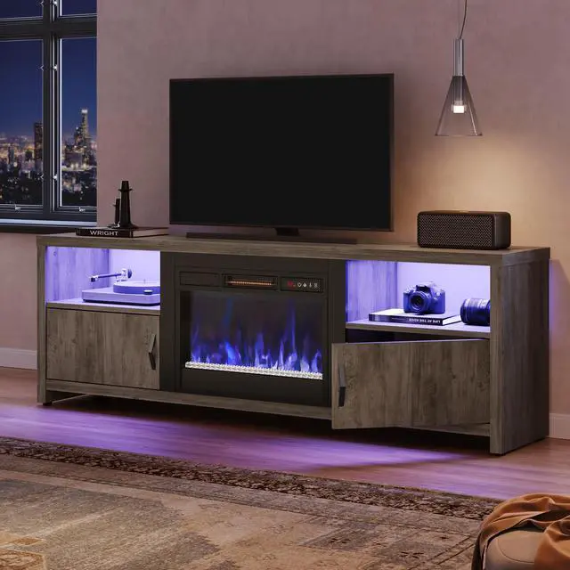 Alt view image 6 of 7 - Bestier Electric Fireplace TV Stand for TVs up to 80", Entertainment Center with LED Lights, Wash Grey