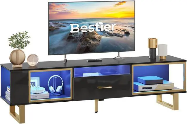 Main image of Bestier 70 inch TV Stand Modern Media Console with LED Lights & Drawer - Black