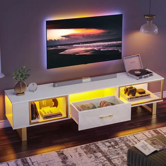 Alt view image 6 of 7 - Bestier 70 inch TV Stand Modern Media Console with LED Lights & Drawer - White