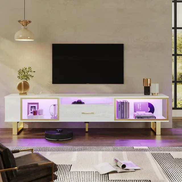 Alt view image 4 of 7 - Bestier 70 inch TV Stand Modern Media Console with LED Lights & Drawer - White