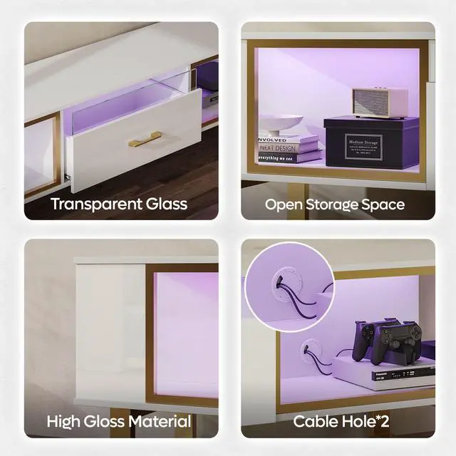 Alt view image 3 of 7 - Bestier 70 inch TV Stand Modern Media Console with LED Lights & Drawer - White