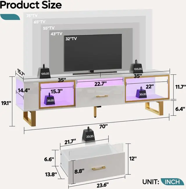 Alt view image 7 of 7 - Bestier 70 inch TV Stand Modern Media Console with LED Lights & Drawer - White