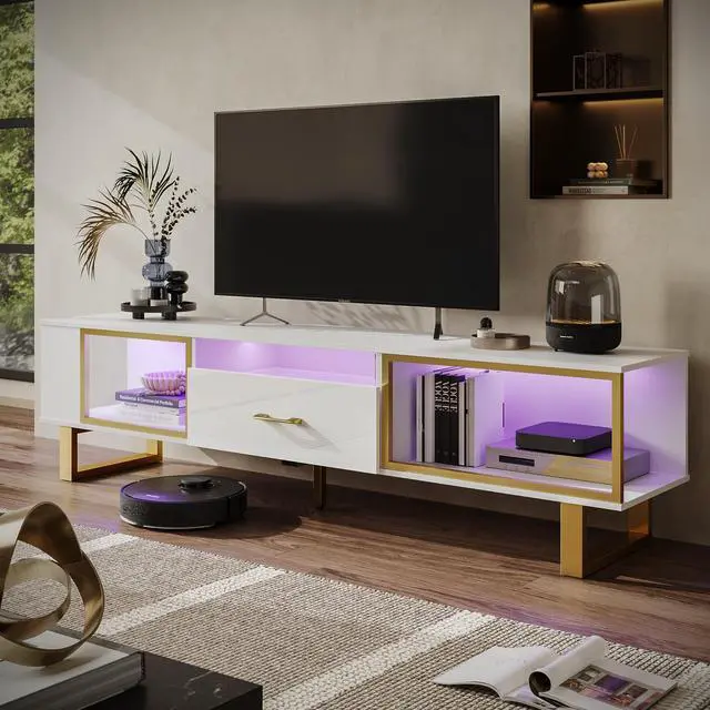 Alt view image 5 of 7 - Bestier 70 inch TV Stand Modern Media Console with LED Lights & Drawer - White