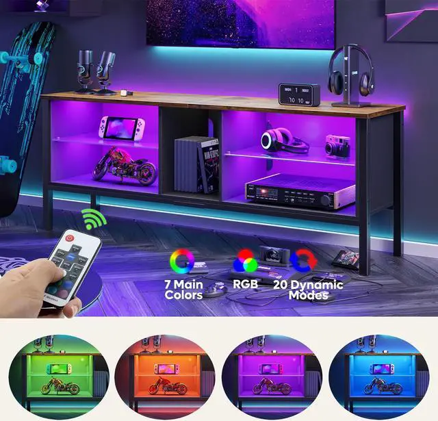 Alt view image 2 of 7 - Bestier 63 Inch Gaming TV Stand 20 Color LED Entertainment Center,TV Console High Glass Television Stands with 2 Storage Cabinet Media Player Wall Mounted for Living Bedroom up to 70 inch Rustic