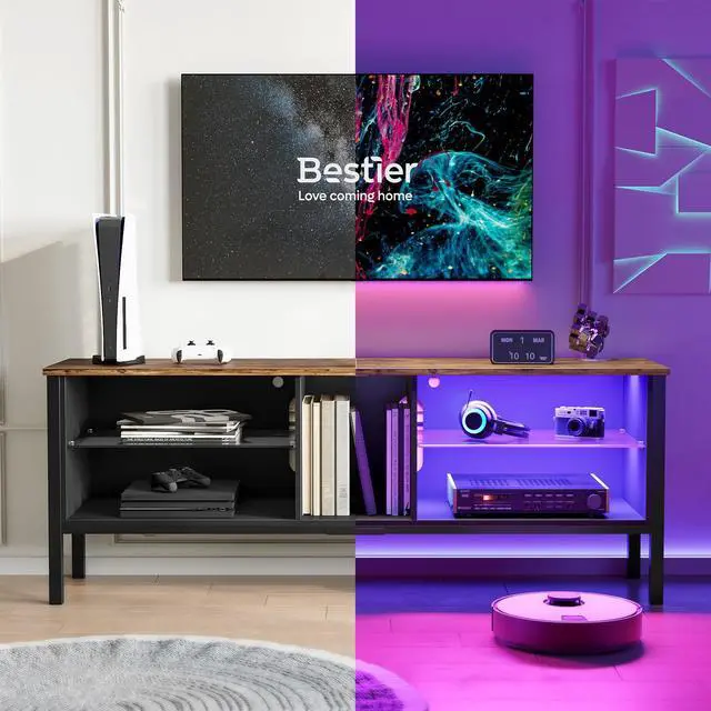 Alt view image 3 of 7 - Bestier 63 Inch Gaming TV Stand 20 Color LED Entertainment Center,TV Console High Glass Television Stands with 2 Storage Cabinet Media Player Wall Mounted for Living Bedroom up to 70 inch Rustic