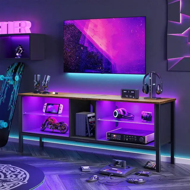 Alt view image 6 of 7 - Bestier 63 Inch Gaming TV Stand 20 Color LED Entertainment Center,TV Console High Glass Television Stands with 2 Storage Cabinet Media Player Wall Mounted for Living Bedroom up to 70 inch Rustic