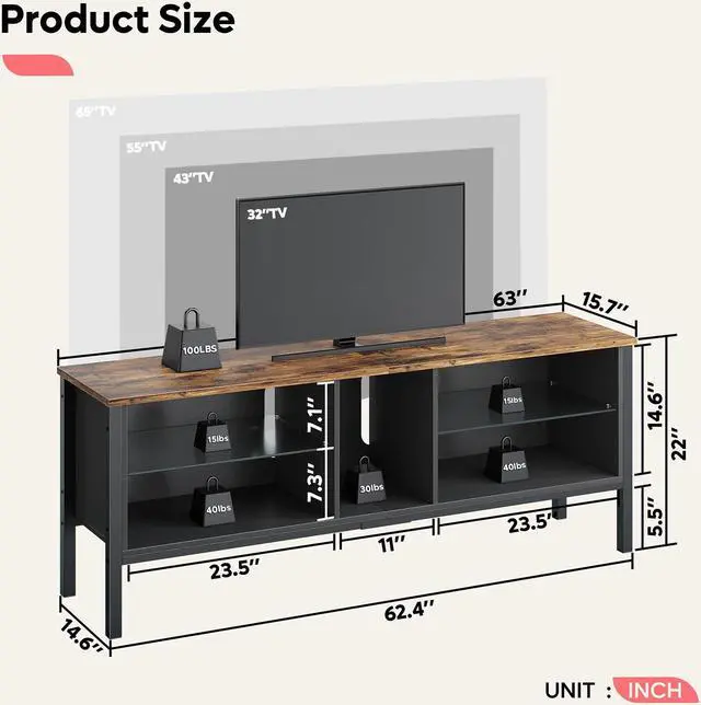 Alt view image 7 of 7 - Bestier 63 Inch Gaming TV Stand 20 Color LED Entertainment Center,TV Console High Glass Television Stands with 2 Storage Cabinet Media Player Wall Mounted for Living Bedroom up to 70 inch Rustic