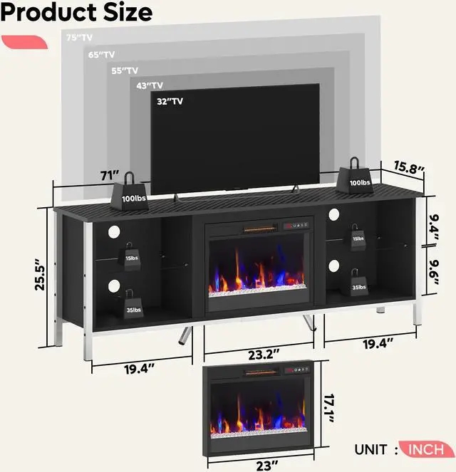 Alt view image 7 of 7 - Bestier 70 inch TV Stand with Fireplace Gaming Entertainment Center for 75'' TVs