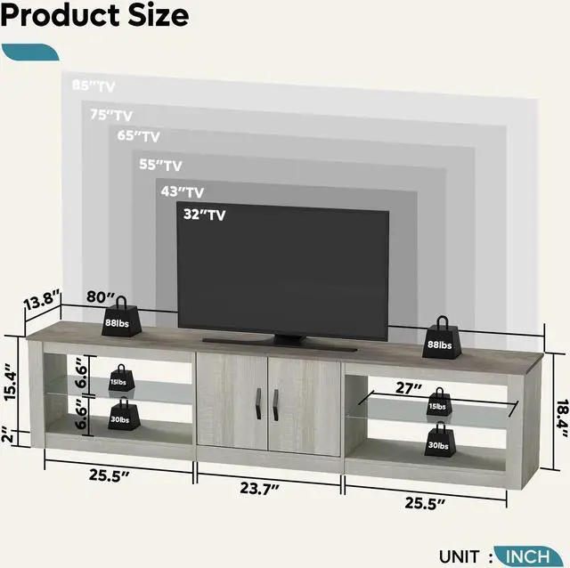 Alt view image 7 of 7 - Bestier 80 Inch TV Stand, Modern Media Console with Adjustable Lockers and RGB Light Strip, Suitable for 85-95 Inch TVs, White Wash