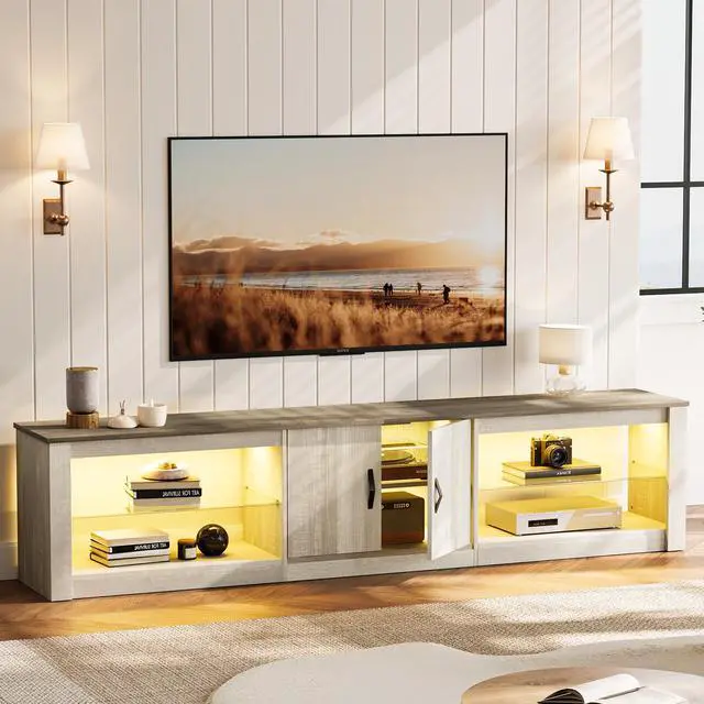 Alt view image 6 of 7 - Bestier 80 Inch TV Stand, Modern Media Console with Adjustable Lockers and RGB Light Strip, Suitable for 85-95 Inch TVs, White Wash