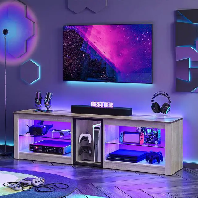 Alt view image 2 of 7 - Bestier TV Stand Gaming Entertainment Center Up to 70 inch TVs with LED Lights Cabinet & Shelves - Without Socket - White Wash