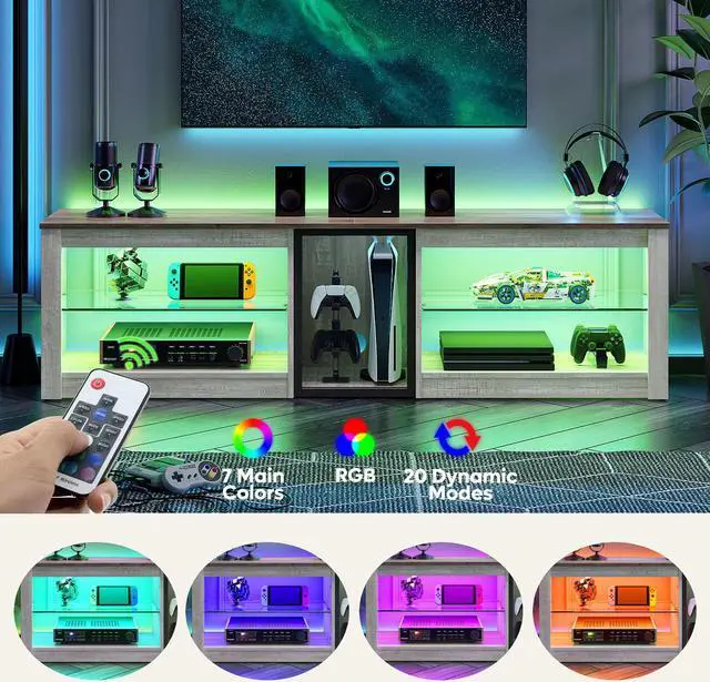 Alt view image 4 of 7 - Bestier TV Stand Gaming Entertainment Center Up to 70 inch TVs with LED Lights Cabinet & Shelves - Without Socket - White Wash