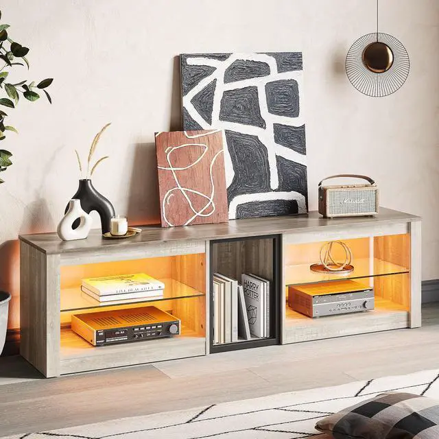 Alt view image 5 of 7 - Bestier TV Stand Gaming Entertainment Center Up to 70 inch TVs with LED Lights Cabinet & Shelves - Without Socket - White Wash
