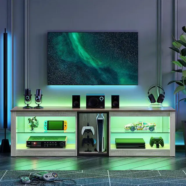 Alt view image 6 of 7 - Bestier TV Stand Gaming Entertainment Center Up to 70 inch TVs with LED Lights Cabinet & Shelves - Without Socket - White Wash