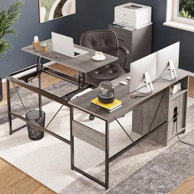 Alt view image 4 of 7 - Bestier L Shaped Standing Desk Adjustable Height, 60" Corner Computer Desk with Storage File Cabinet, 95.2" Long and Large Reversible Office Desk with Lift Top, Washed Gray