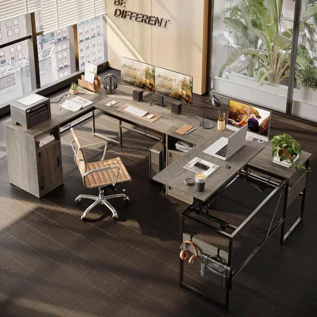 Alt view image 6 of 7 - Bestier L Shaped Standing Desk Adjustable Height, 60" Corner Computer Desk with Storage File Cabinet, 95.2" Long and Large Reversible Office Desk with Lift Top, Washed Gray