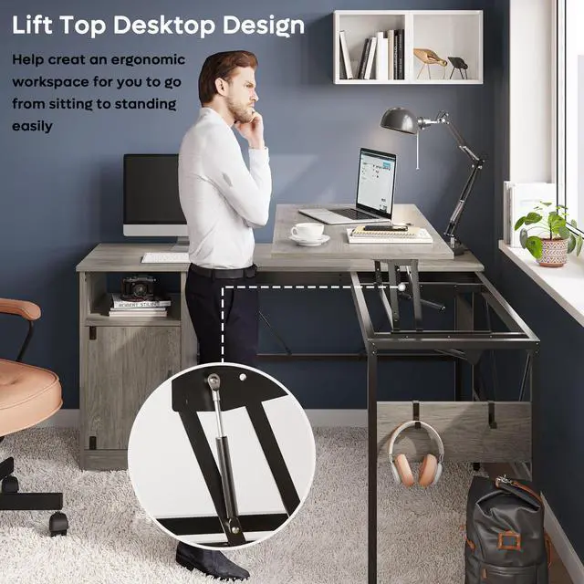 Alt view image 2 of 7 - Bestier L Shaped Standing Desk Adjustable Height, 60" Corner Computer Desk with Storage File Cabinet, 95.2" Long and Large Reversible Office Desk with Lift Top, Washed Gray