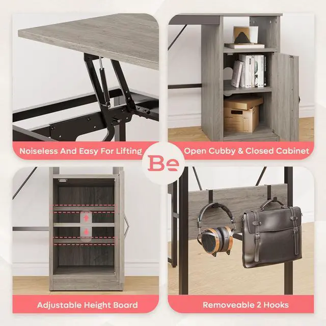 Alt view image 3 of 7 - Bestier L Shaped Standing Desk Adjustable Height, 60" Corner Computer Desk with Storage File Cabinet, 95.2" Long and Large Reversible Office Desk with Lift Top, Washed Gray