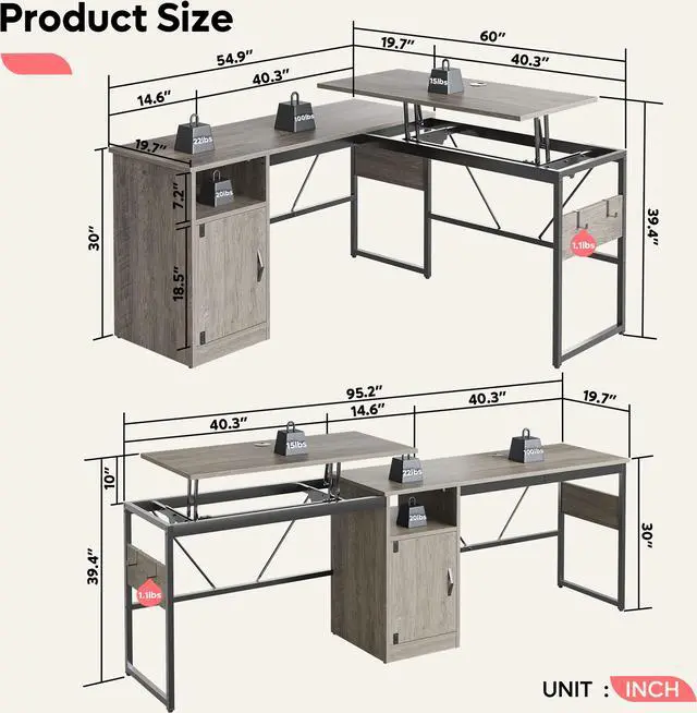 Alt view image 7 of 7 - Bestier L Shaped Standing Desk Adjustable Height, 60" Corner Computer Desk with Storage File Cabinet, 95.2" Long and Large Reversible Office Desk with Lift Top, Washed Gray