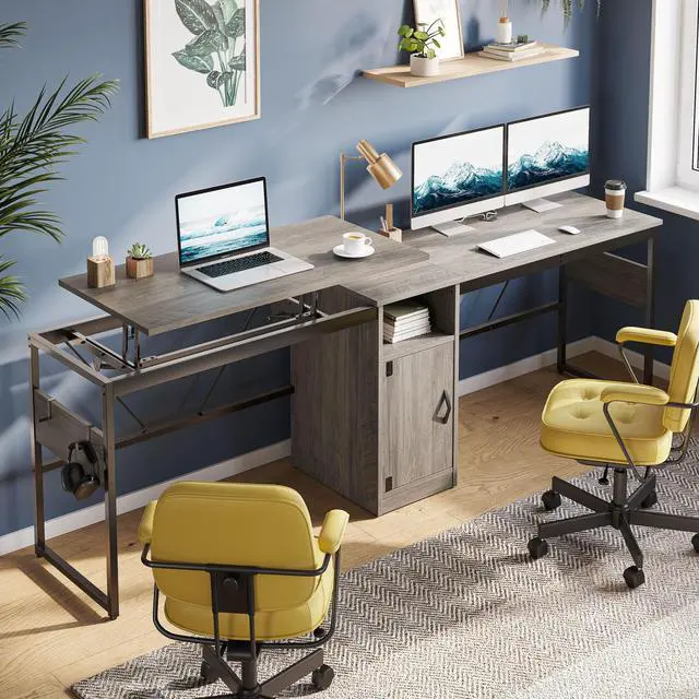 Alt view image 5 of 7 - Bestier L Shaped Standing Desk Adjustable Height, 60" Corner Computer Desk with Storage File Cabinet, 95.2" Long and Large Reversible Office Desk with Lift Top, Washed Gray