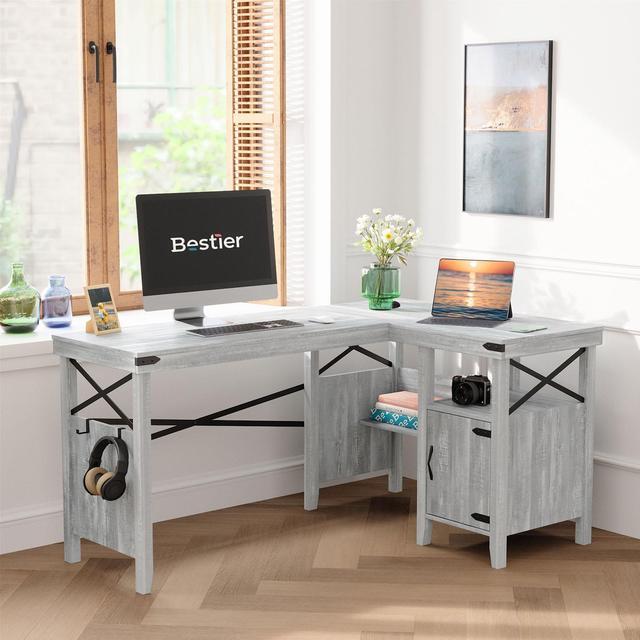 Alt view image 6 of 7 - Bestier L-Shaped Home Office Computer Desk with Storage Cabinet & Bookshelf, Farmhouse Office Table for Writing Study, 60 x 42 Inch Corner Desk or 82.3 Inch 2 Person Long Desk, White