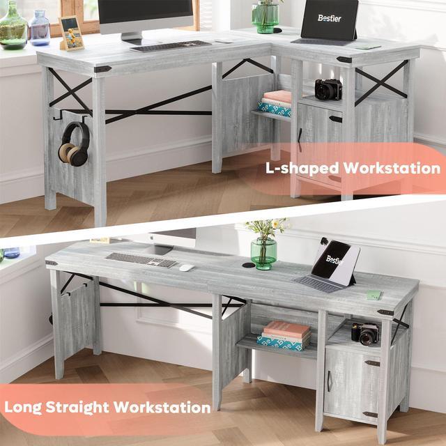 Alt view image 2 of 7 - Bestier L-Shaped Home Office Computer Desk with Storage Cabinet & Bookshelf, Farmhouse Office Table for Writing Study, 60 x 42 Inch Corner Desk or 82.3 Inch 2 Person Long Desk, White