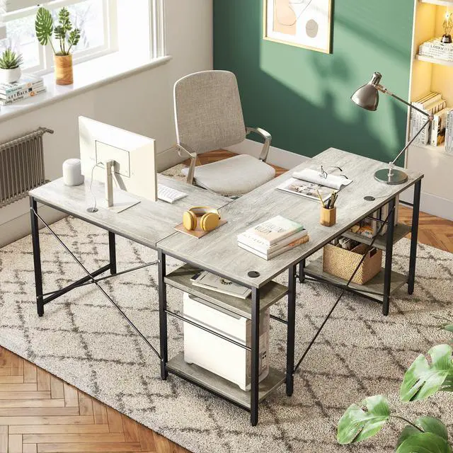 Alt view image 4 of 7 - Bestier L Shaped Desk with Shelves 95.2 Inch Reversible Corner Computer Desk or 2 Person Long Table for Home Office Large Gaming Writing Storage Workstation P2 Board with 3 Cable Holes, Grey Oak