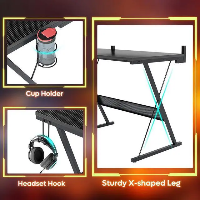 Alt view image 4 of 7 - Bestier 55.2" Gaming Desk, Anti-Case Tilt L-Shaped Desk with RGB Strip Light, Removable Monitor Stand and Multi-Function Hooks, Carbon Fiber Black