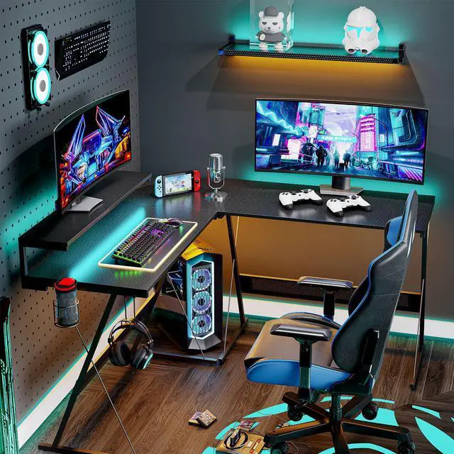 Alt view image 6 of 7 - Bestier 55.2" Gaming Desk, Anti-Case Tilt L-Shaped Desk with RGB Strip Light, Removable Monitor Stand and Multi-Function Hooks, Carbon Fiber Black