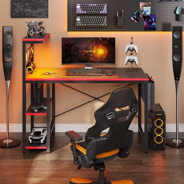Alt view image 5 of 7 - Bestier 44 Inch Gaming Desk, 4 Tier Shelf Computer Desk with LED Lighting, Side Storage Bag and Accessories Hanger for Gaming and Working, Carbon Fiber Black&Red