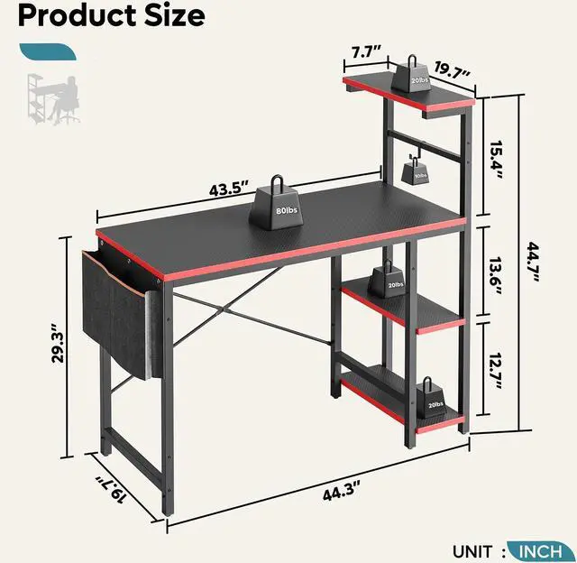 Alt view image 7 of 7 - Bestier 44 Inch Gaming Desk, 4 Tier Shelf Computer Desk with LED Lighting, Side Storage Bag and Accessories Hanger for Gaming and Working, Carbon Fiber Black&Red