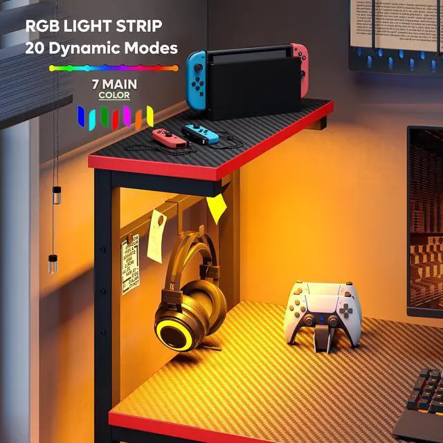 Alt view image 2 of 7 - Bestier 44 Inch Gaming Desk, 4 Tier Shelf Computer Desk with LED Lighting, Side Storage Bag and Accessories Hanger for Gaming and Working, Carbon Fiber Black&Red