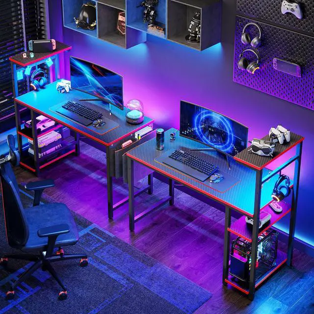 Alt view image 6 of 7 - Bestier 44 Inch Gaming Desk, 4 Tier Shelf Computer Desk with LED Lighting, Side Storage Bag and Accessories Hanger for Gaming and Working, Carbon Fiber Black&Red