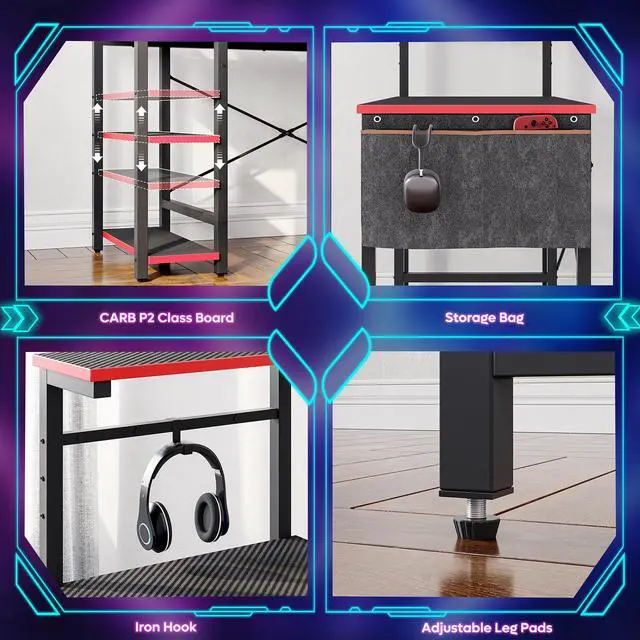 Alt view image 4 of 7 - Bestier 44 Inch Gaming Desk, 4 Tier Shelf Computer Desk with LED Lighting, Side Storage Bag and Accessories Hanger for Gaming and Working, Carbon Fiber Black&Red