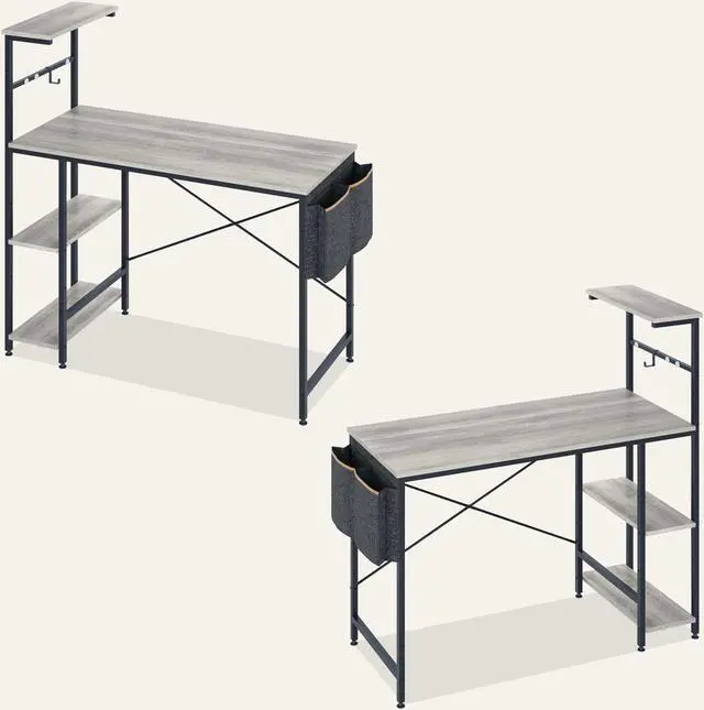 Alt view image 4 of 7 - Bestier 44 Inch Gaming Desk, 4 Tier Shelf Computer Desk with LED Lighting, Side Storage Bag and Accessories Hanger for Gaming and Working, Retro Grey