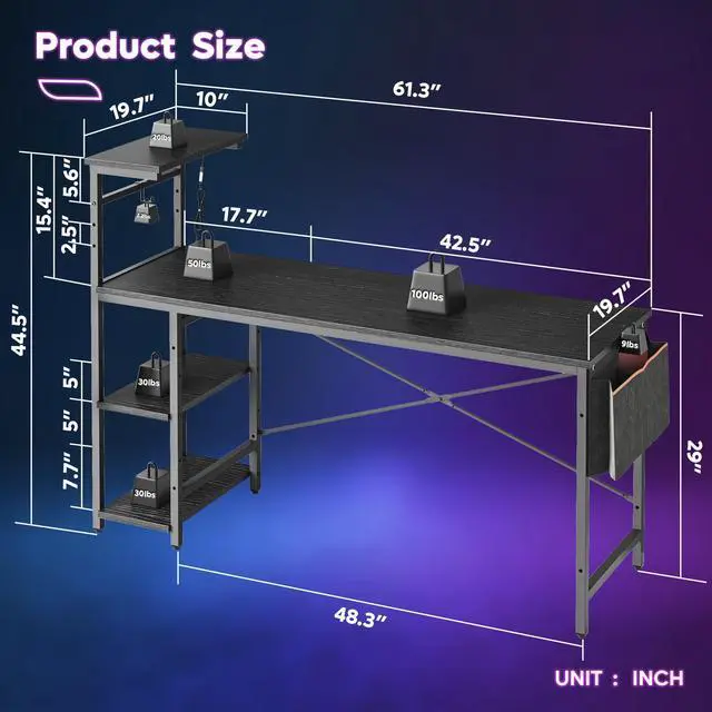 Alt view image 7 of 7 - Bestier 61.3 Gaming Desk with LED Lights, 4-Tier Shelf Computer Desk with Side Storage Bag & Headphone Hook, Black Home Office Workstation
