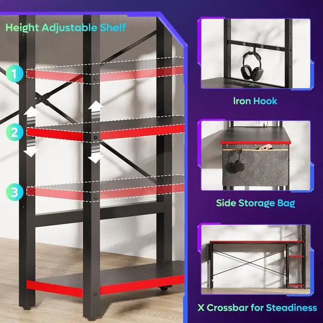 Alt view image 5 of 7 - Bestier 61.3 Inch Gaming Desk, 4 Tier Shelf Computer Desk with USB Socket, LED Lighting, Side Storage Bag and Accessories Hanger for Gaming and Working, Carbon Fiber Black/Red